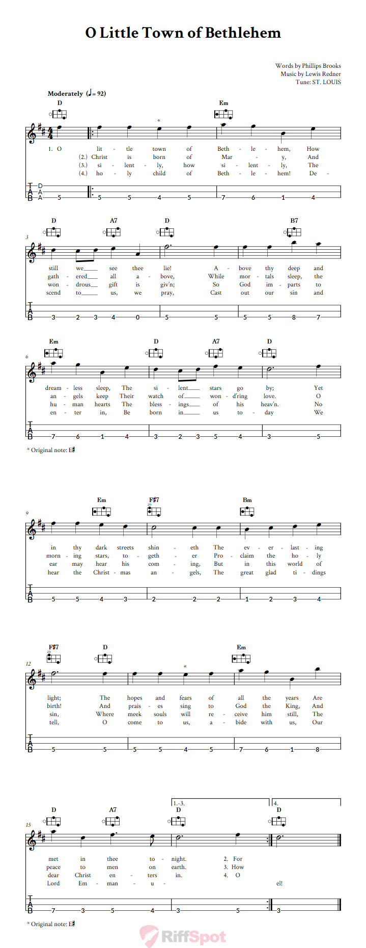 O Little Town of Bethlehem Easy Mountain Dulcimer Tab (DAA Tuning)