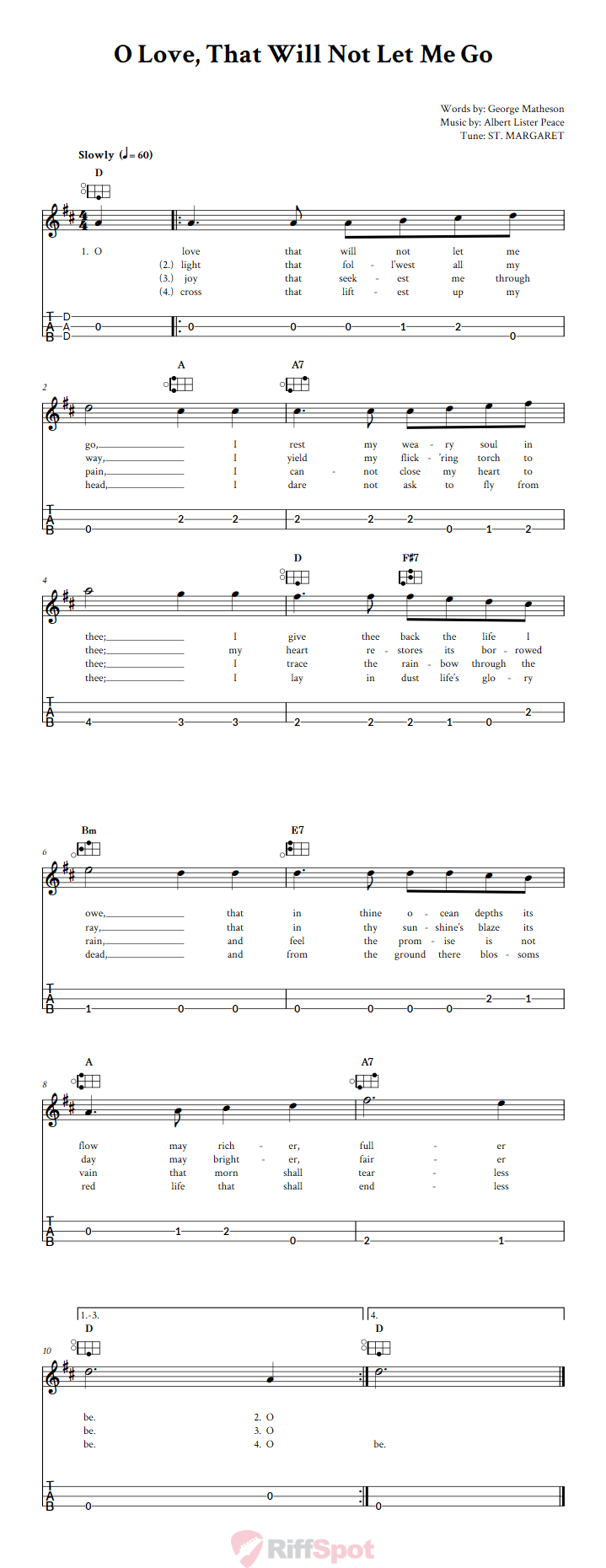 O Love That Will Not Let Me Go Easy Mountain Dulcimer Tab (DAD Tuning)