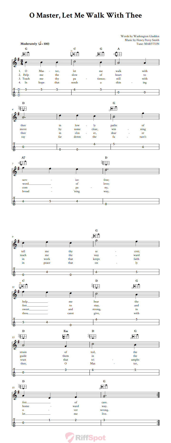 O Master Let Me Walk With Thee Easy Mountain Dulcimer Tab (DAD Tuning)