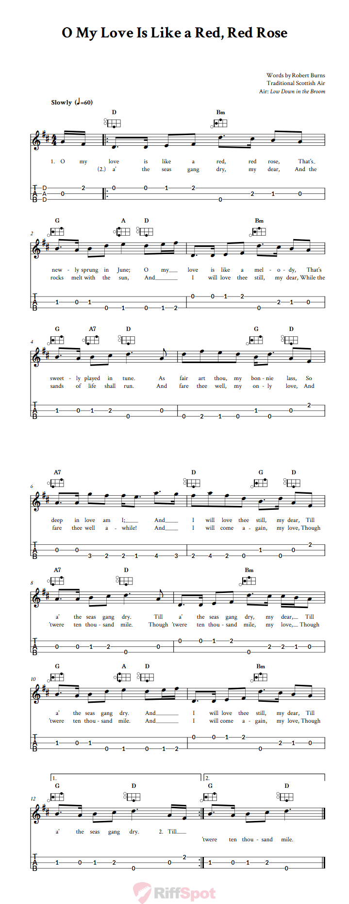 O My Love Is Like a Red, Red Rose Easy Mountain Dulcimer Tab (DAD Tuning)