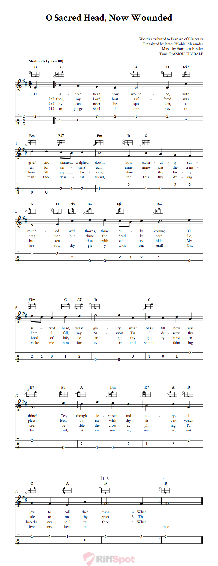 O Sacred Head, Now Wounded Easy Mountain Dulcimer Tab (DAD Tuning)