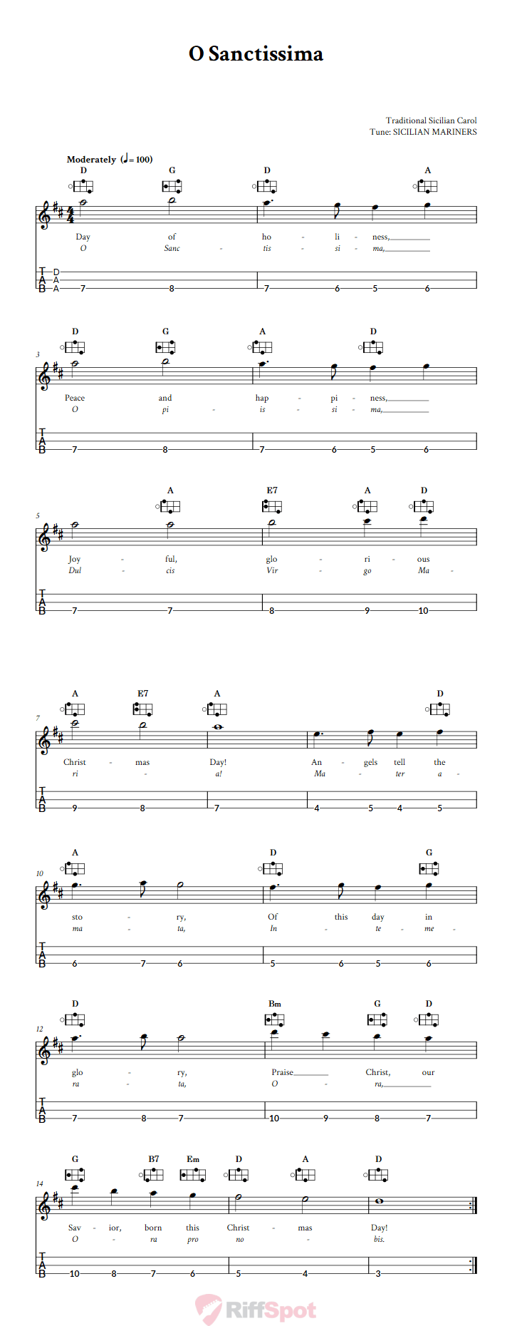 O Sanctissima Easy Mountain Dulcimer Tab (DAA Tuning)