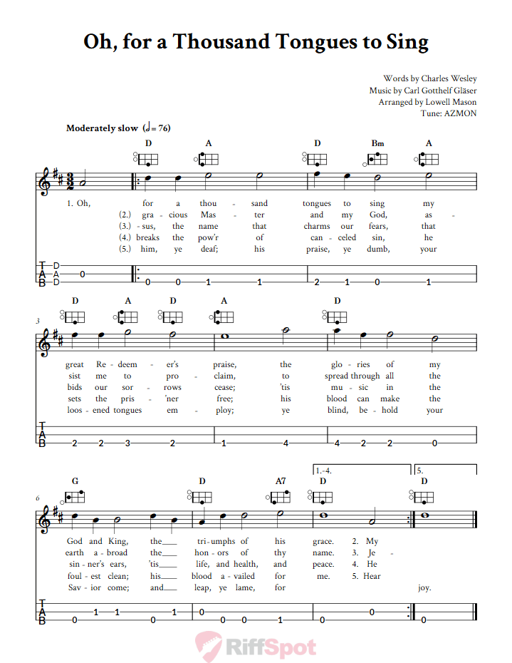 Oh, for a Thousand Tongues to Sing Easy Mountain Dulcimer Tab (DAD Tuning)