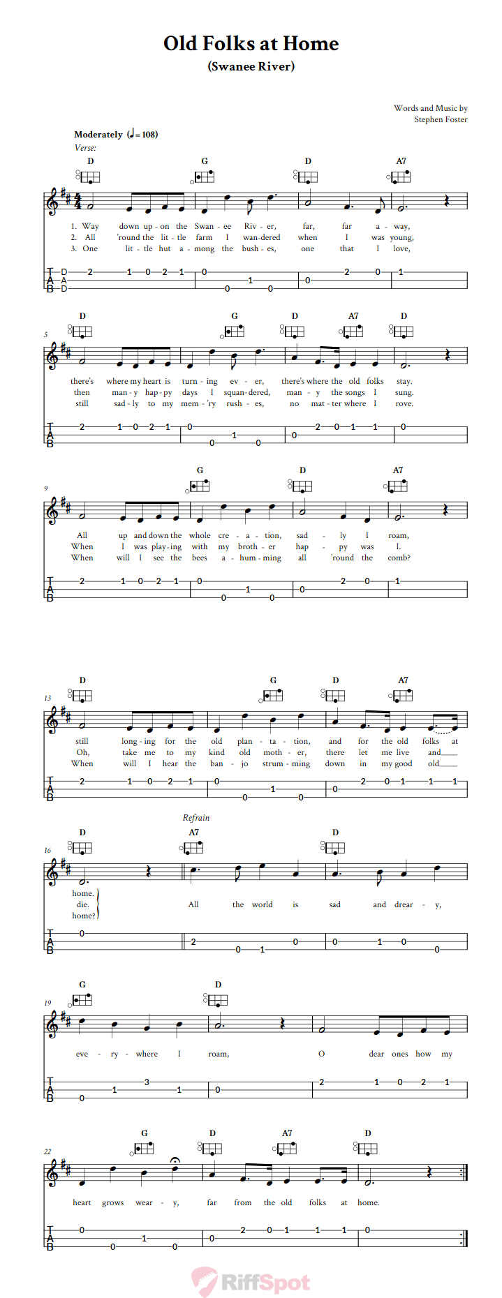 Old Folks at Home Easy Mountain Dulcimer Tab (DAD Tuning)