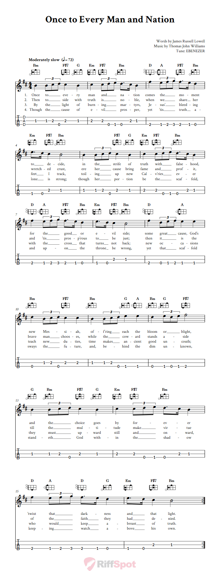 Once to Every Man and Nation Easy Mountain Dulcimer Tab (DAD Tuning)