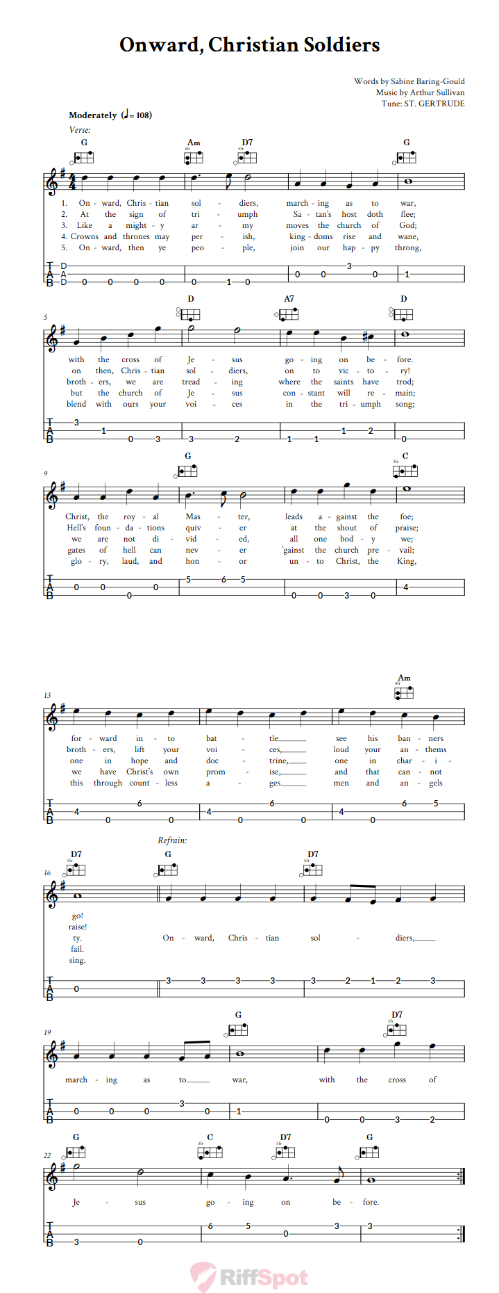 Onward, Christian Soldiers Easy Mountain Dulcimer Tab (DAD Tuning)