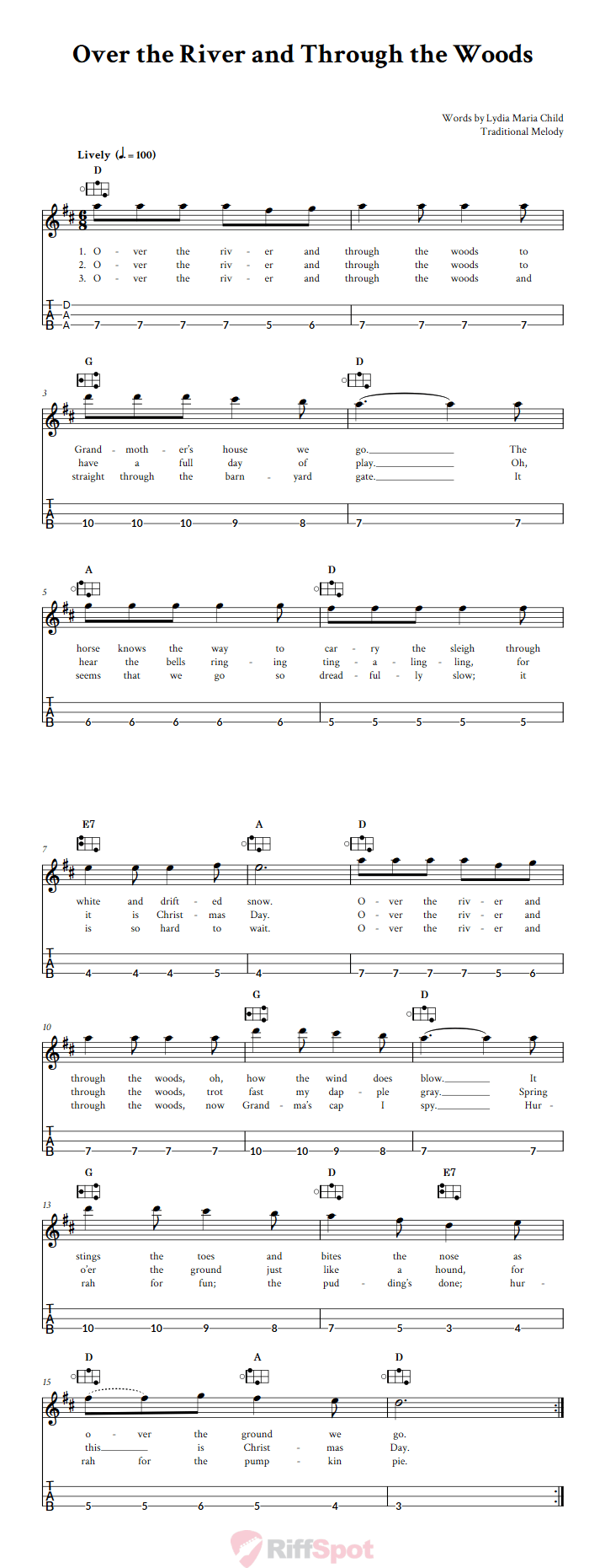 Over the River and Through the Woods Easy Mountain Dulcimer Tab (DAA Tuning)