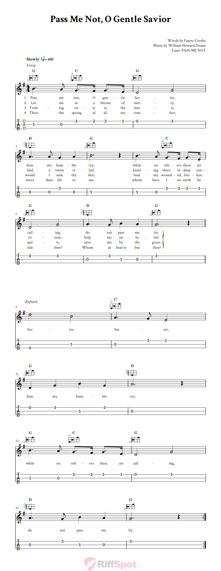 Pass Me Not, O Gentle Savior Easy Mountain Dulcimer Tab (DAD Tuning)
