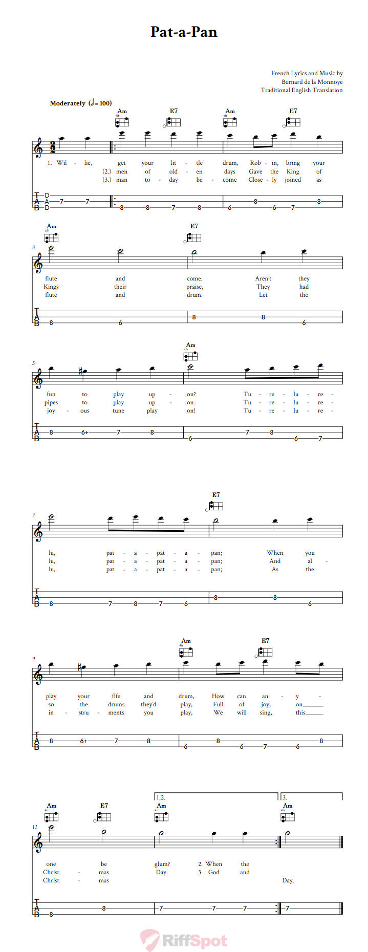 Pat-A-Pan Easy Mountain Dulcimer Tab (DAD Tuning)