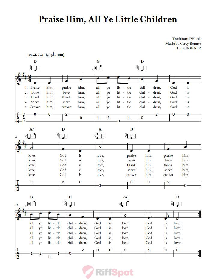 Praise Him, All Ye Little Children Easy Mountain Dulcimer Tab (DAD Tuning)