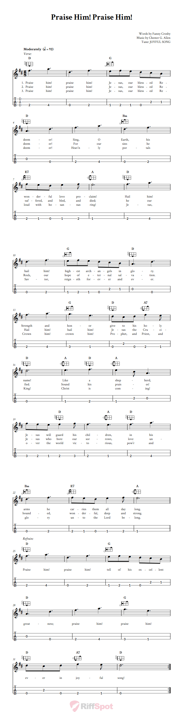 Praise Him! Praise Him! Easy Mountain Dulcimer Tab (DAD Tuning)