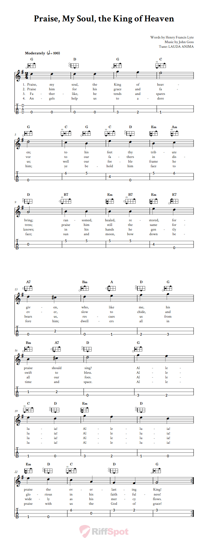 Praise, My Soul, the King of Heaven Easy Mountain Dulcimer Tab (DAD Tuning)