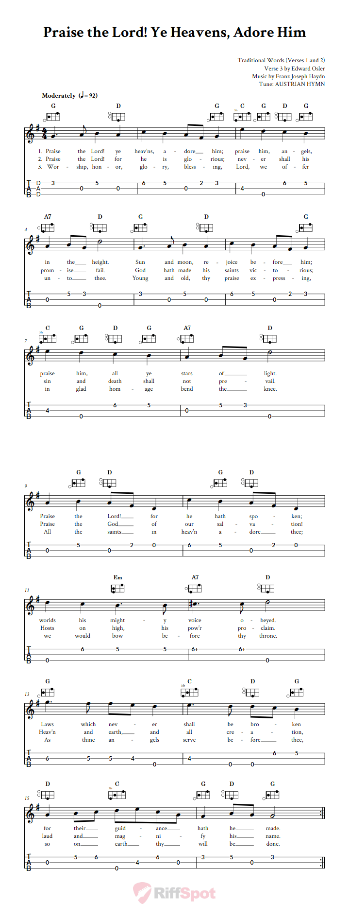 Praise the Lord! Ye Heavens, Adore Him Easy Mountain Dulcimer Tab (DAD Tuning)