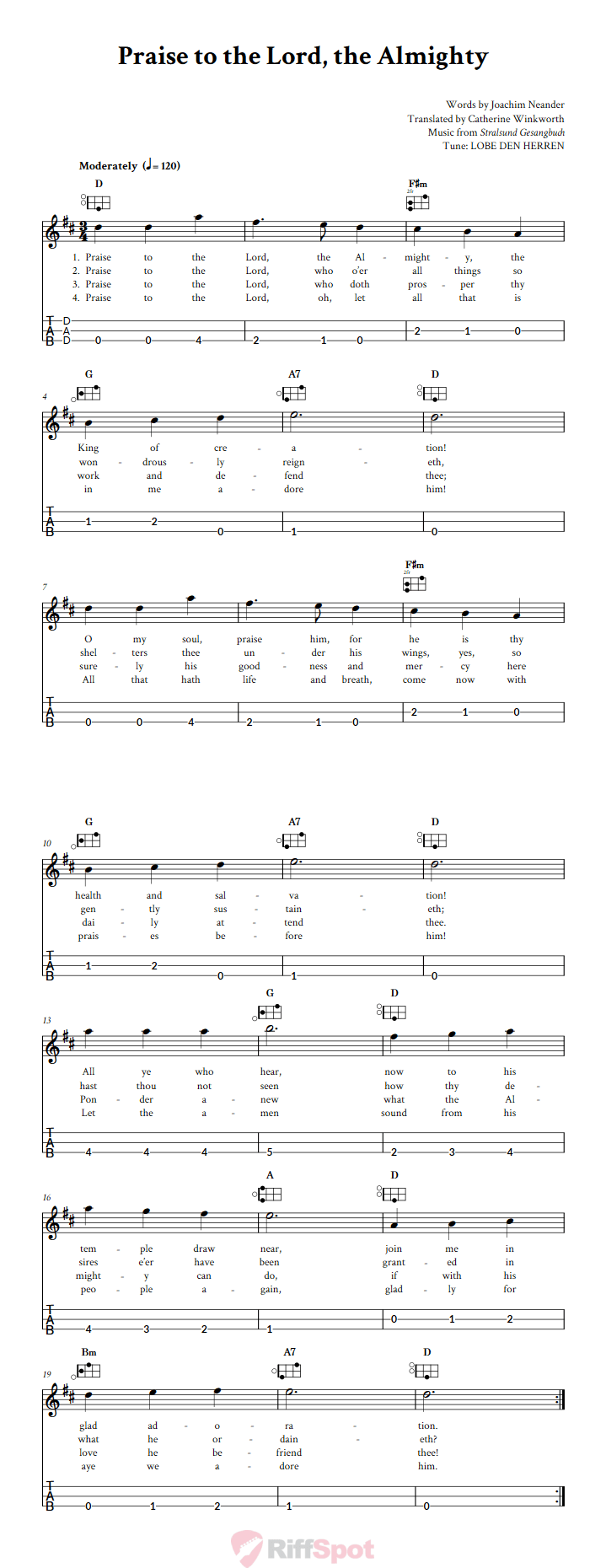 Praise to the Lord, the Almighty Easy Mountain Dulcimer Tab (DAD Tuning)