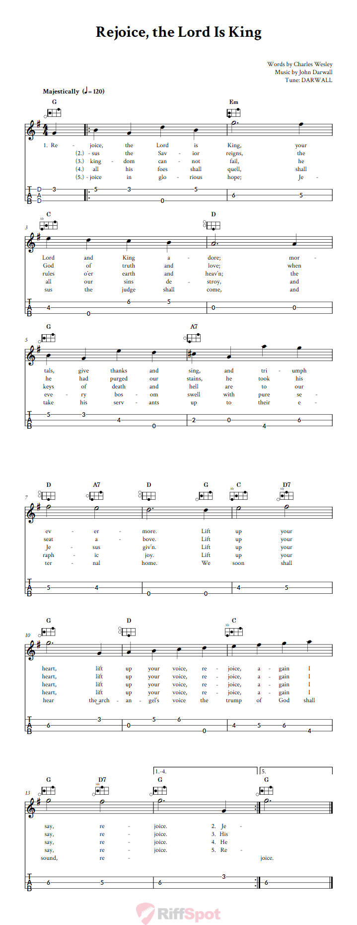 Rejoice, the Lord Is King Easy Mountain Dulcimer Tab (DAD Tuning)