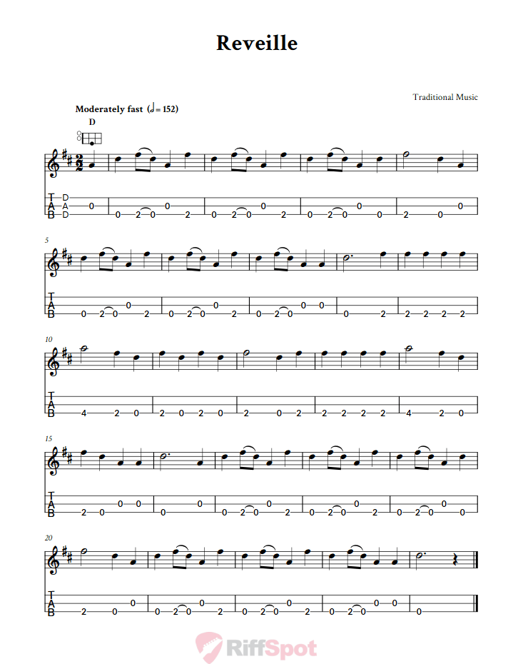 Reveille Easy Mountain Dulcimer Tab (DAD Tuning)