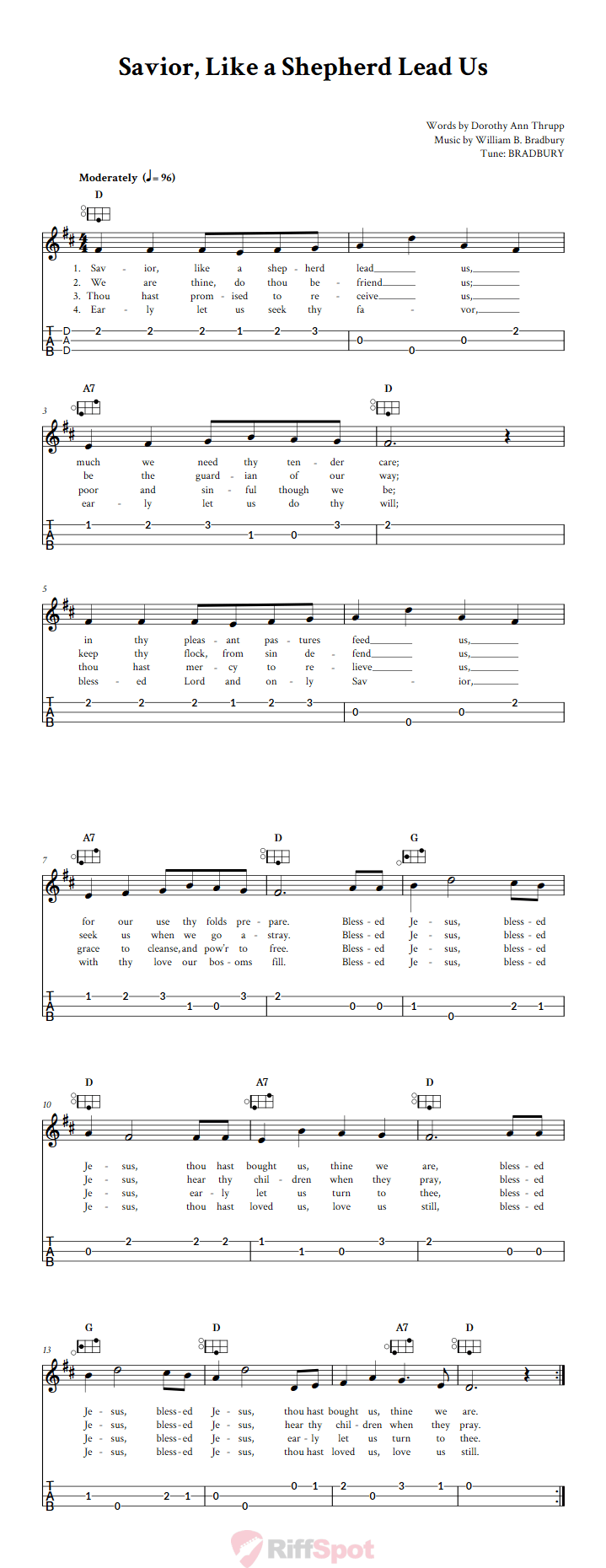 Savior, Like A Shepherd Lead Us Easy Mountain Dulcimer Tab (DAD Tuning)