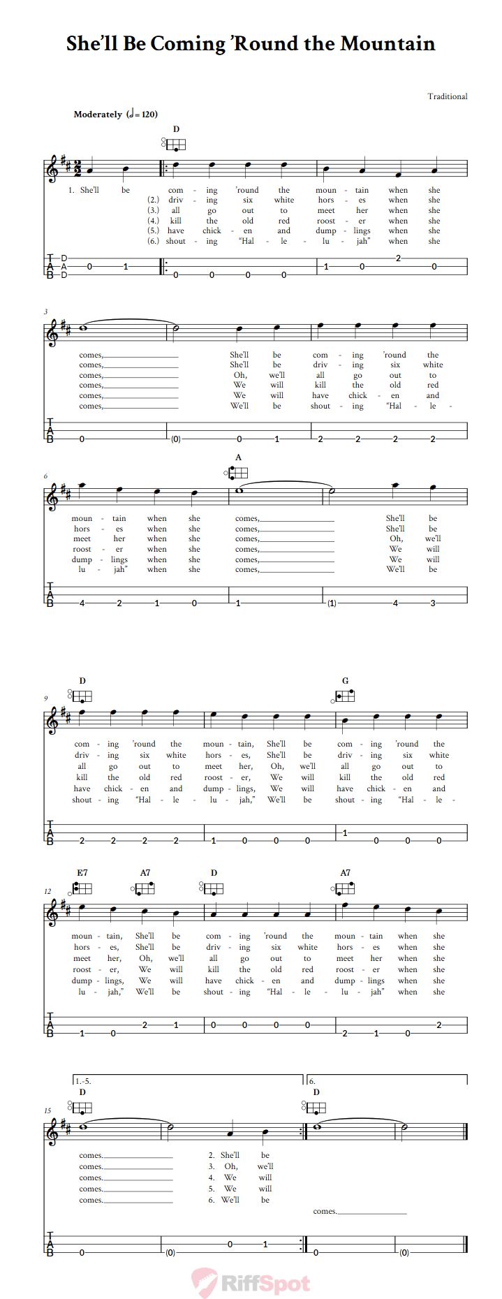 She'll Be Coming 'Round the Mountain Easy Mountain Dulcimer Tab (DAD Tuning)