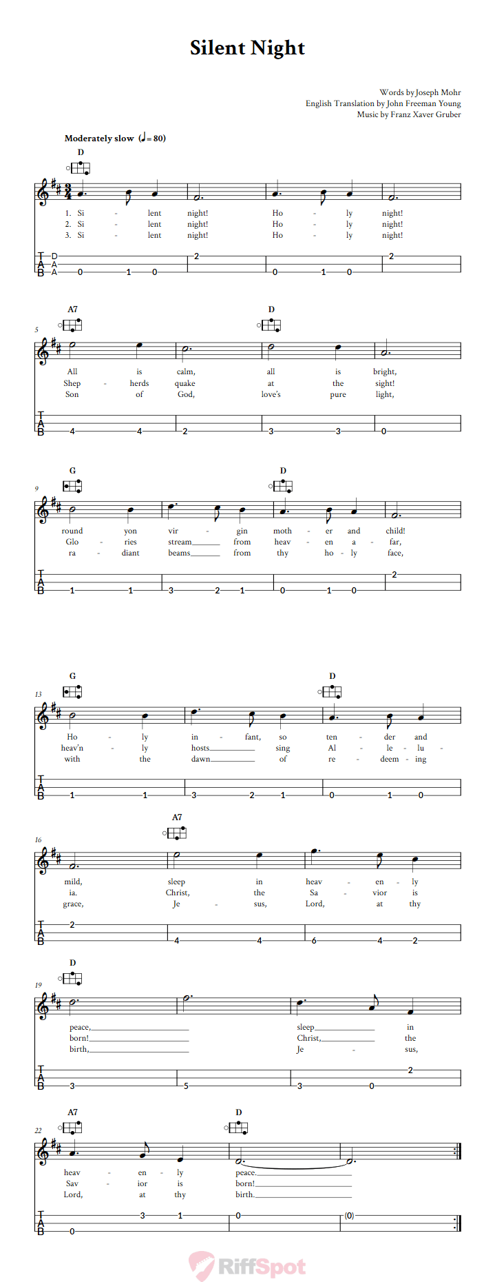 Silent Night Easy Mountain Dulcimer Tab (DAA Tuning)