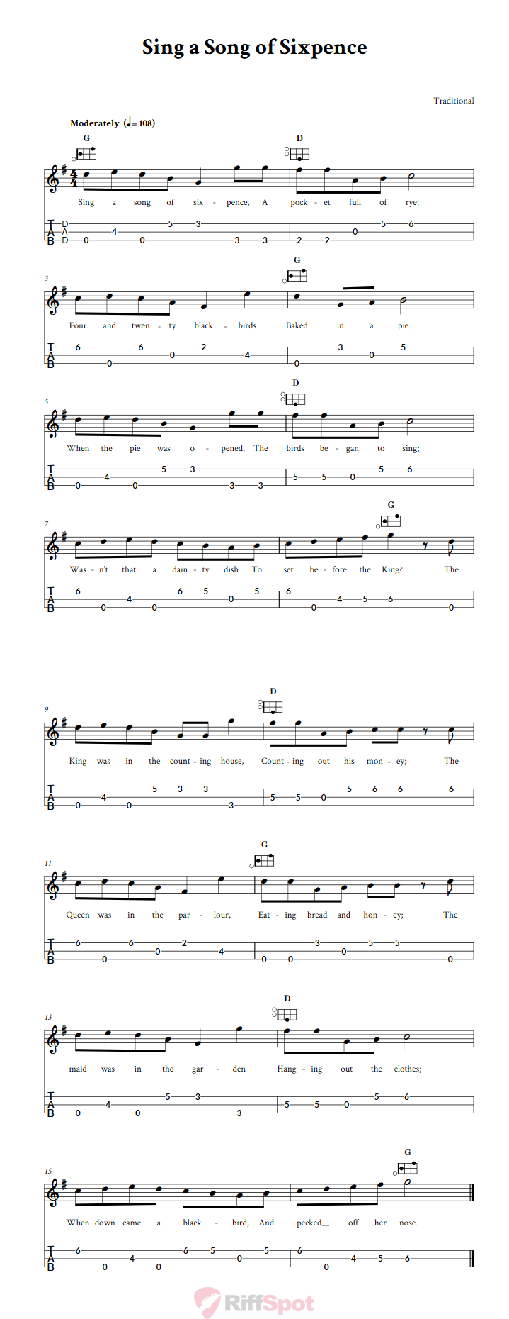 Sing a Song of Sixpence Easy Mountain Dulcimer Tab (DAD Tuning)