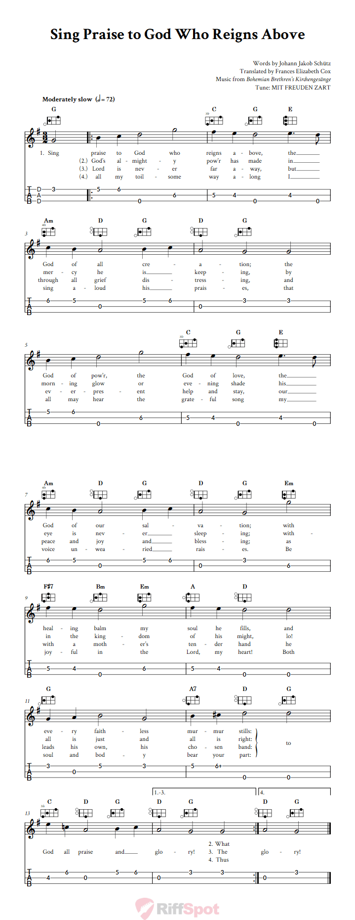 Sing Praise to God Who Reigns Above Easy Mountain Dulcimer Tab (DAD Tuning)