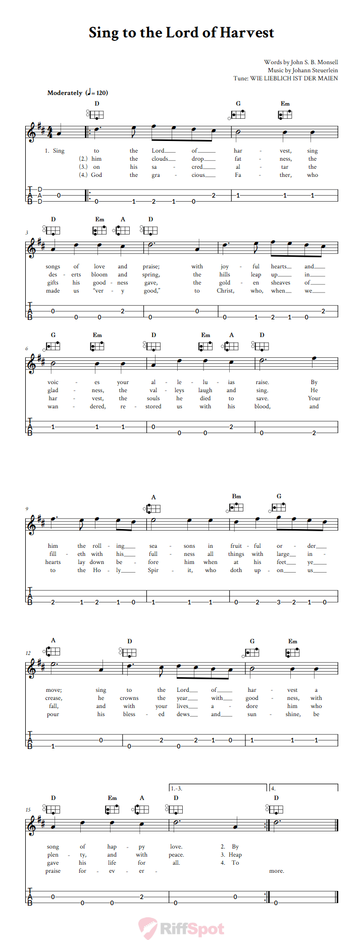 Sing To The Lord Of Harvest Easy Mountain Dulcimer Tab (DAD Tuning)