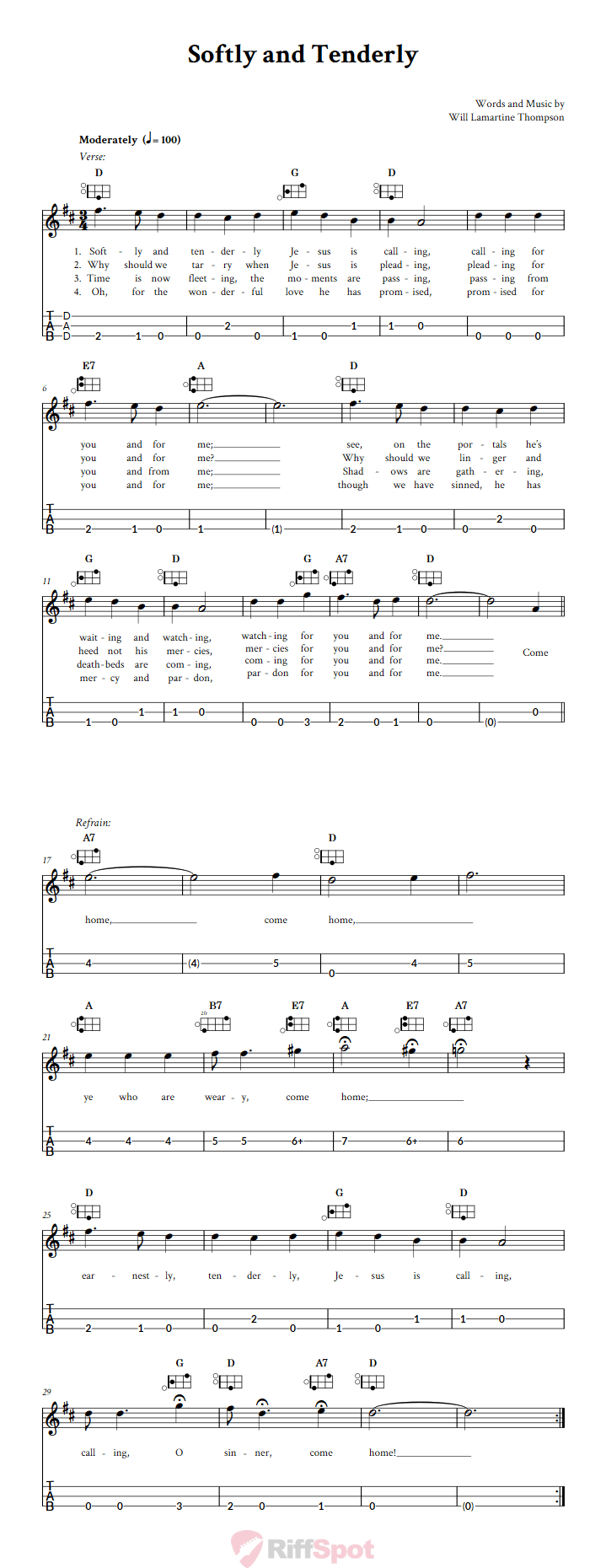 Softly And Tenderly Easy Mountain Dulcimer Tab (DAD Tuning)