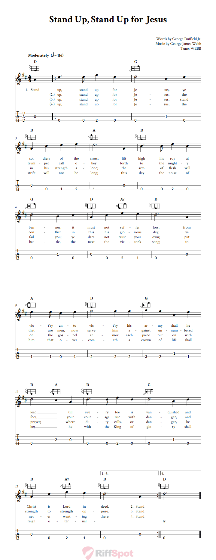 Stand Up, Stand Up for Jesus Easy Mountain Dulcimer Tab (DAD Tuning)