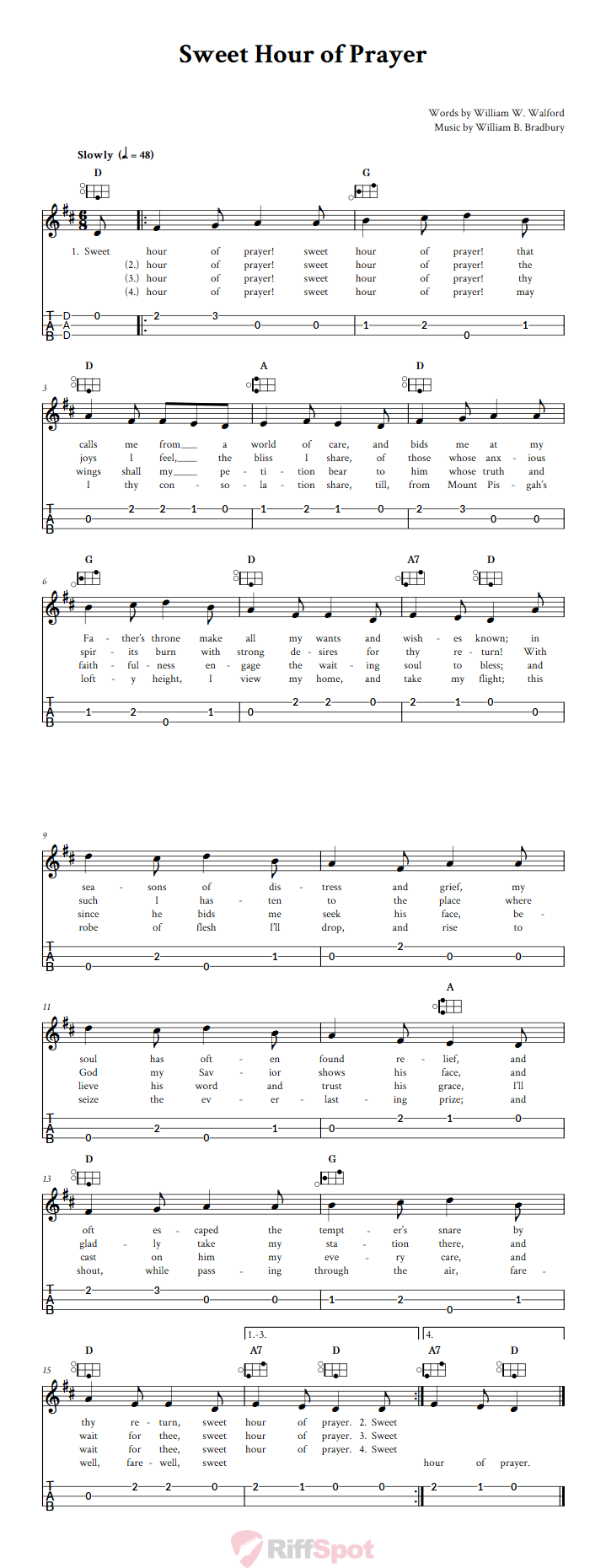 Sweet Hour of Prayer Easy Mountain Dulcimer Tab (DAD Tuning)