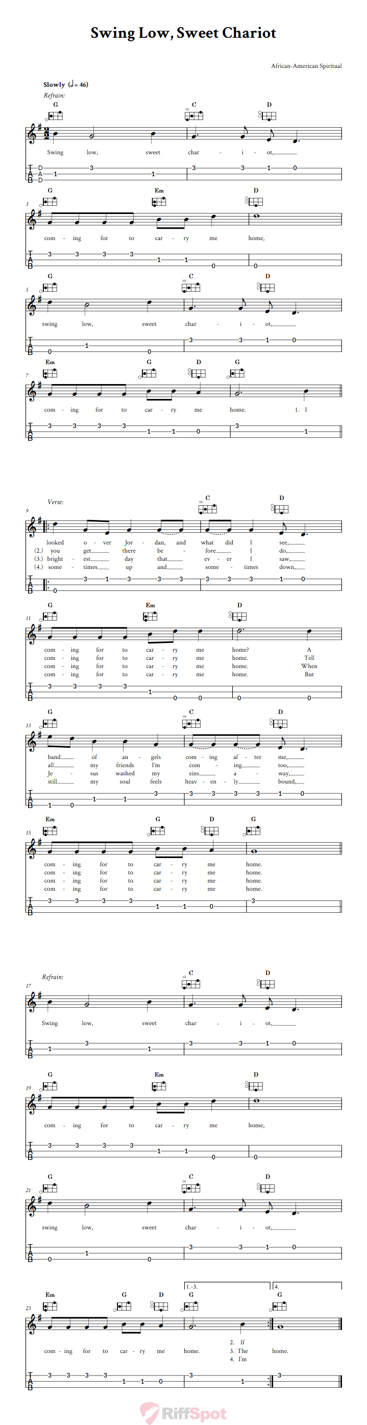 Swing Low, Sweet Chariot Easy Mountain Dulcimer Tab (DAD Tuning)
