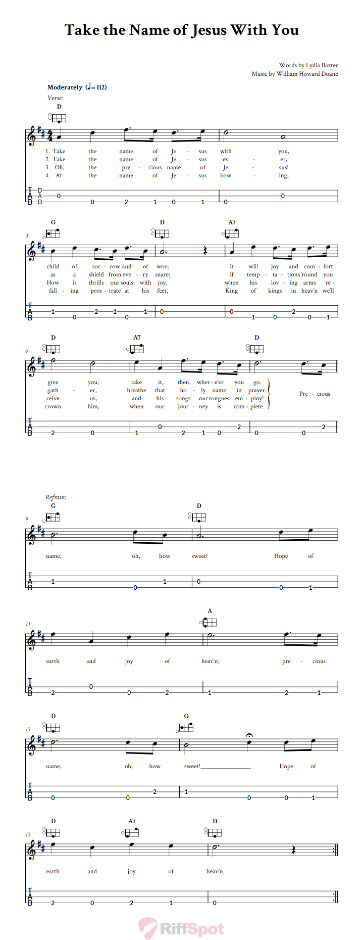Take the Name of Jesus With You Easy Mountain Dulcimer Tab (DAD Tuning)
