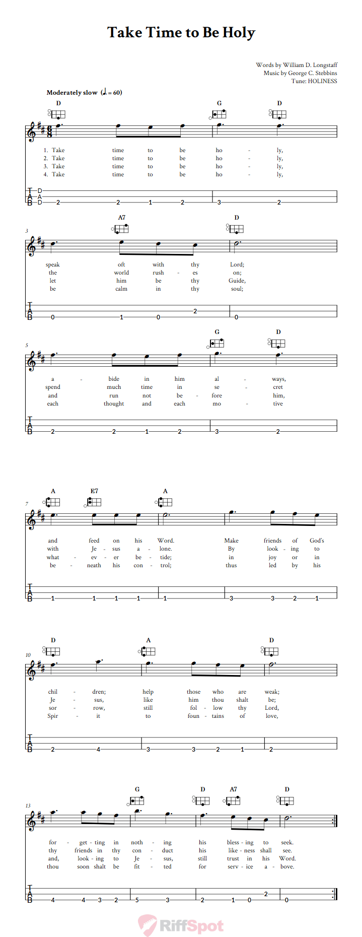 Take Time to Be Holy Easy Mountain Dulcimer Tab (DAD Tuning)