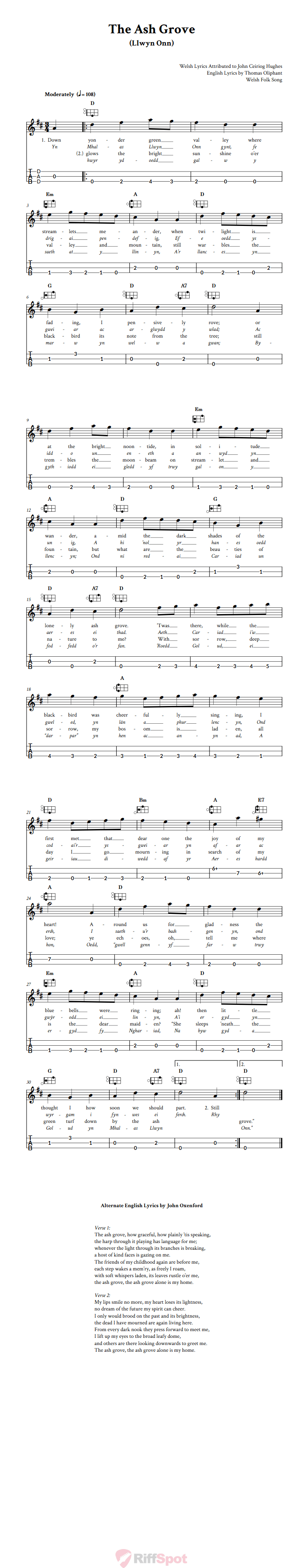The Ash Grove  Easy Mountain Dulcimer Tab (DAD Tuning)
