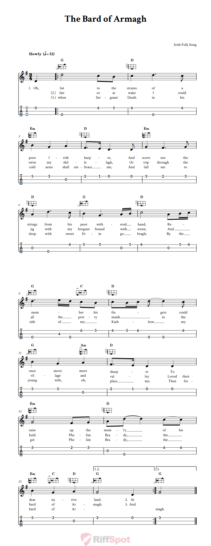 The Bard of Armagh Easy Mountain Dulcimer Tab (DAD Tuning)