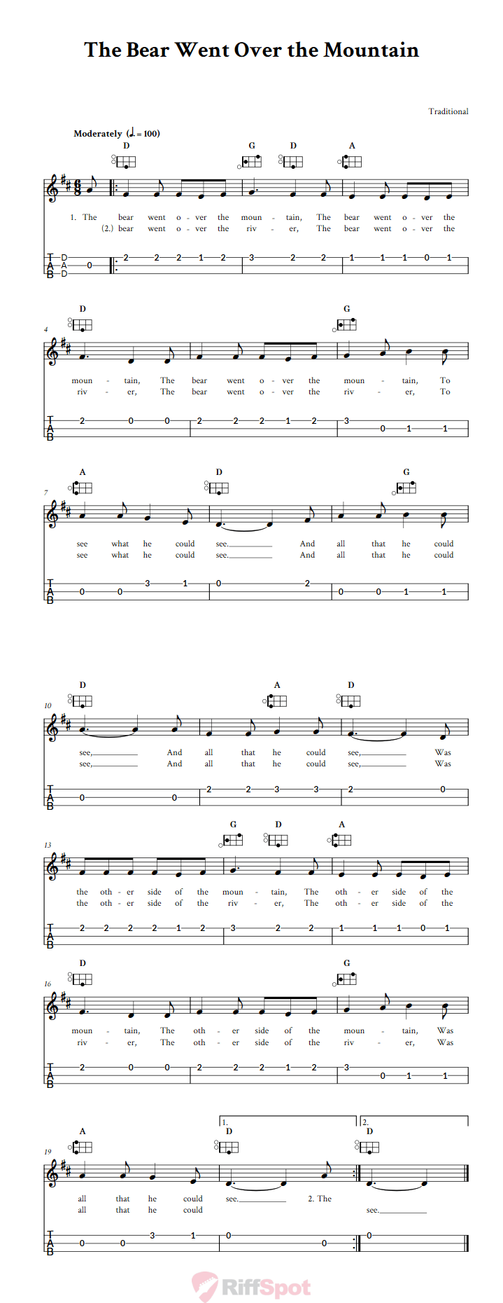 The Bear Went Over the Mountain Easy Mountain Dulcimer Tab (DAD Tuning)