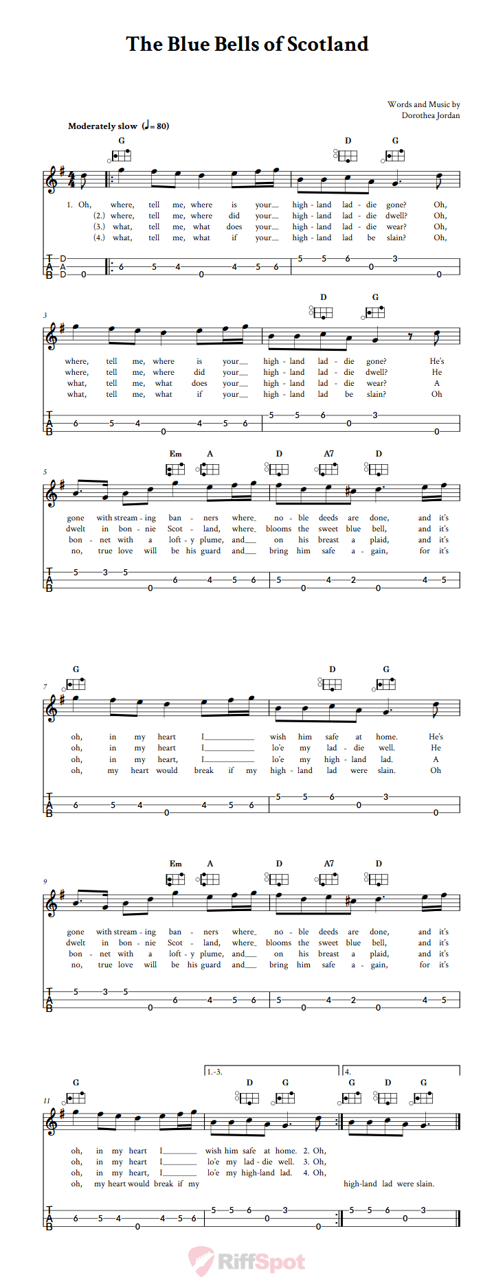 The Blue Bells of Scotland Easy Mountain Dulcimer Tab (DAD Tuning)