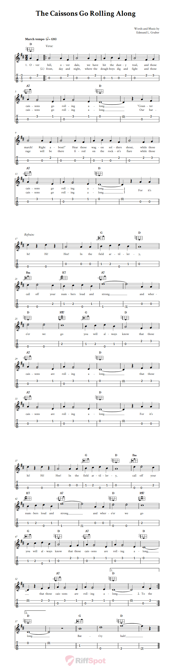 The Caissons Go Rolling Along Easy Mountain Dulcimer Tab (DAD Tuning)