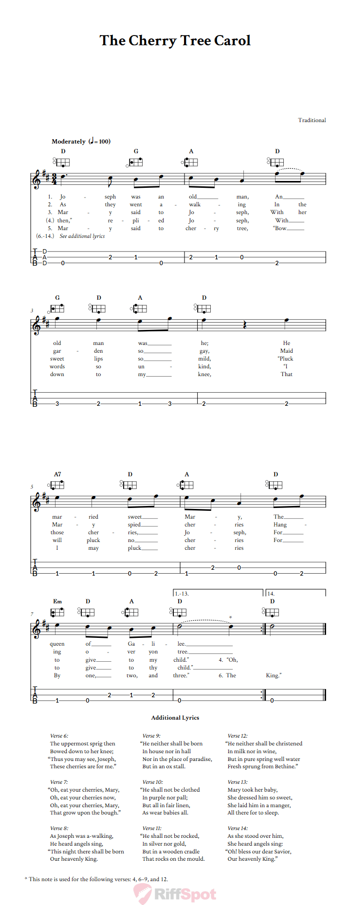 The Cherry Tree Carol Easy Mountain Dulcimer Tab (DAD Tuning)