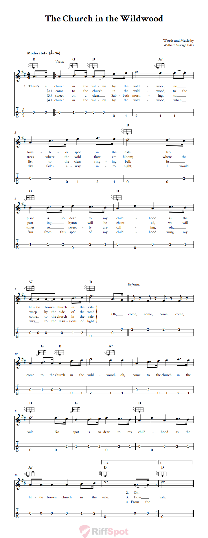 The Church In The Wildwood Easy Mountain Dulcimer Tab (DAD Tuning)