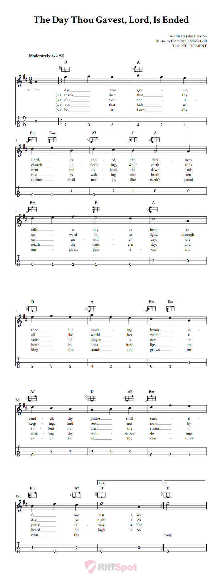 The Day Thou Gavest, Lord, Is Ended Easy Mountain Dulcimer Tab (DAD Tuning)