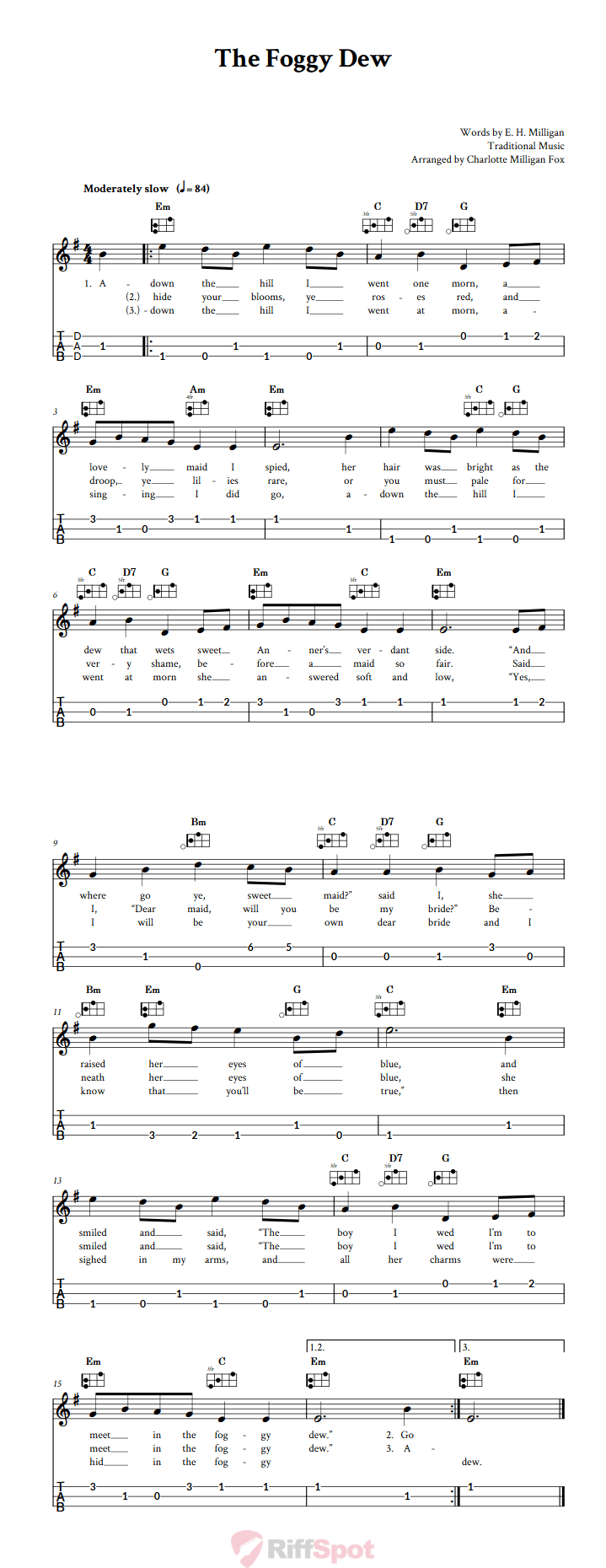 The Foggy Dew Easy Mountain Dulcimer Tab (DAD Tuning)