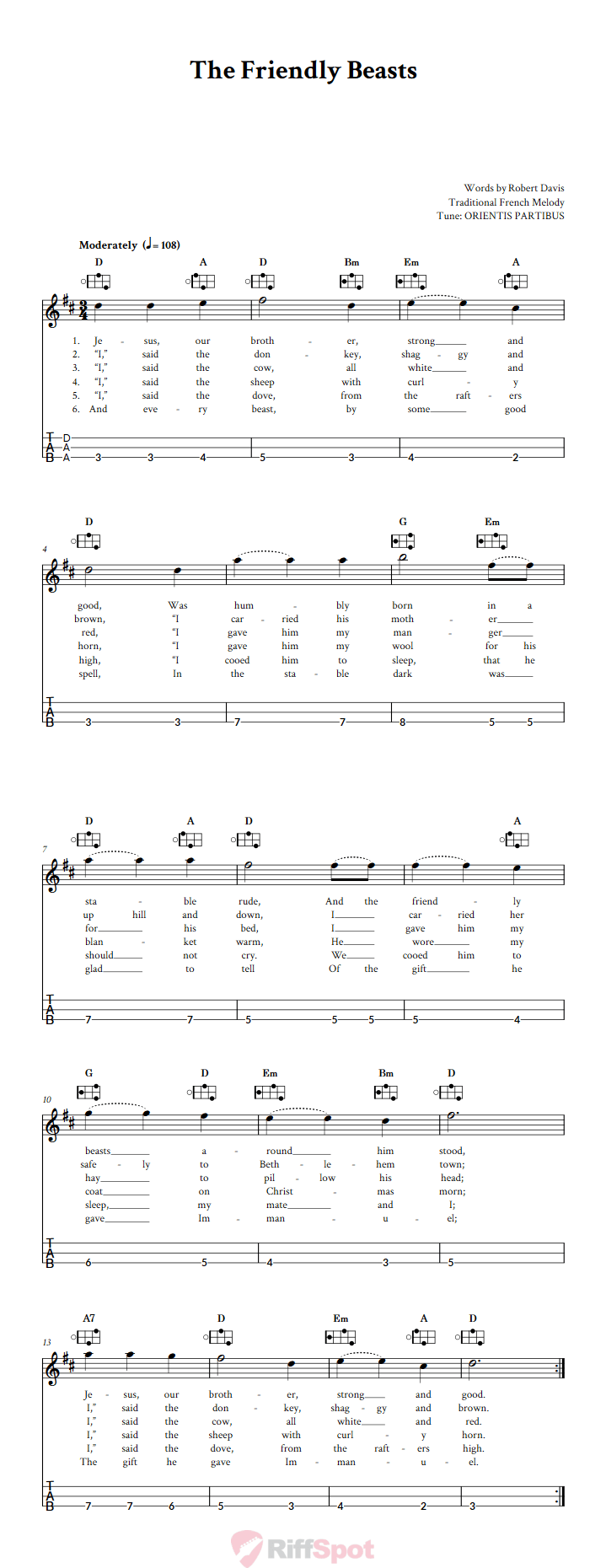 The Friendly Beasts Easy Mountain Dulcimer Tab (DAA Tuning)
