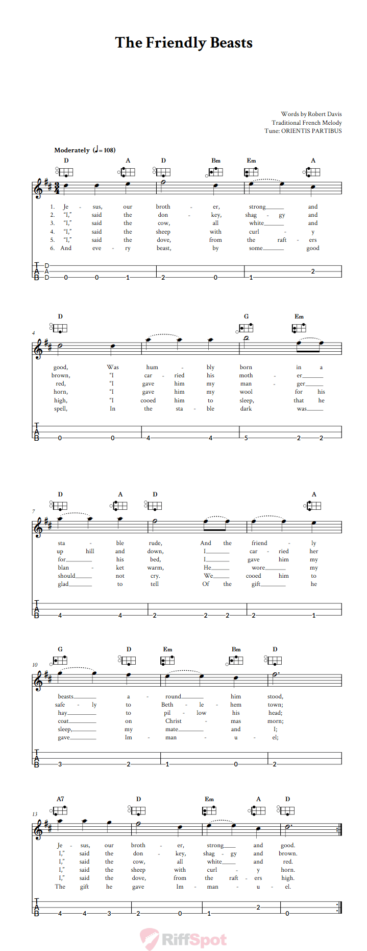 The Friendly Beasts Easy Mountain Dulcimer Tab (DAD Tuning)