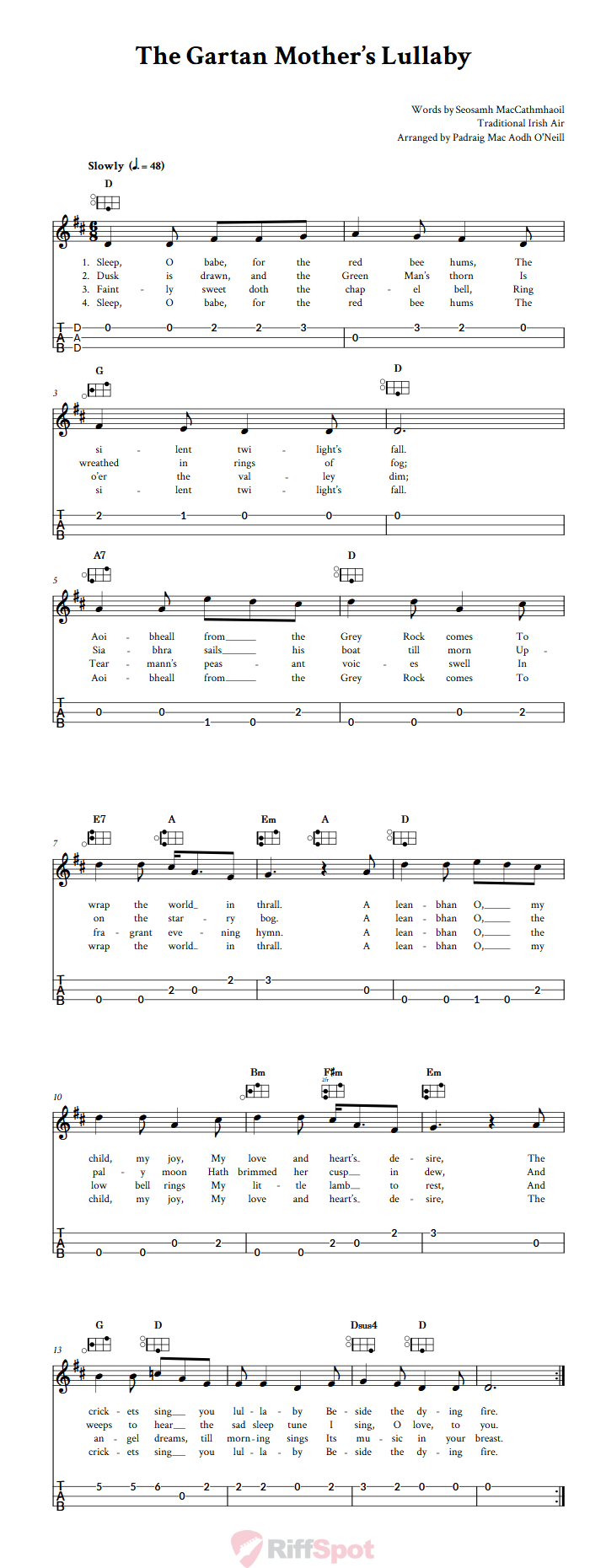 The Gartan Mother's Lullaby Easy Mountain Dulcimer Tab (DAD Tuning)