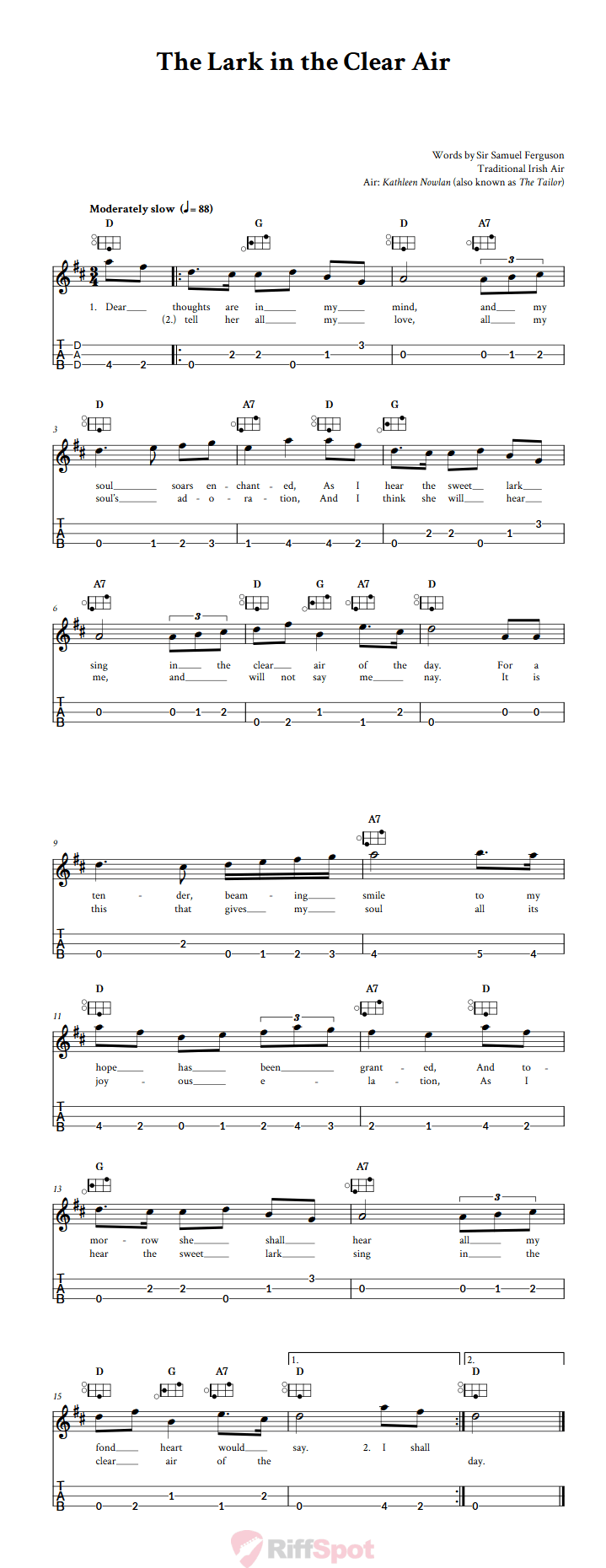 The Lark in the Clear Air Easy Mountain Dulcimer Tab (DAD Tuning)