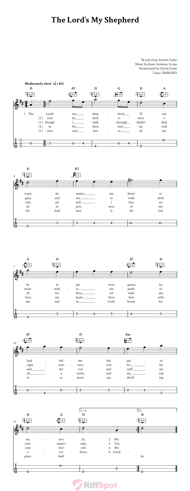 The Lord's My Shepherd Easy Mountain Dulcimer Tab (DAD Tuning)