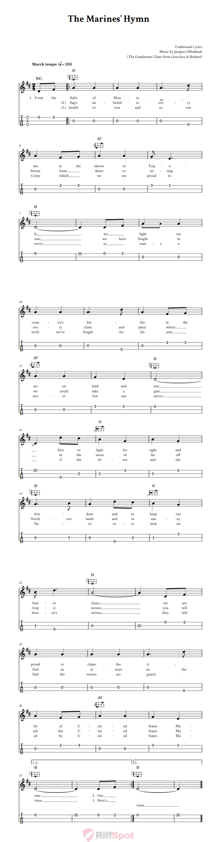 The Marines' Hymn Easy Mountain Dulcimer Tab (DAD Tuning)
