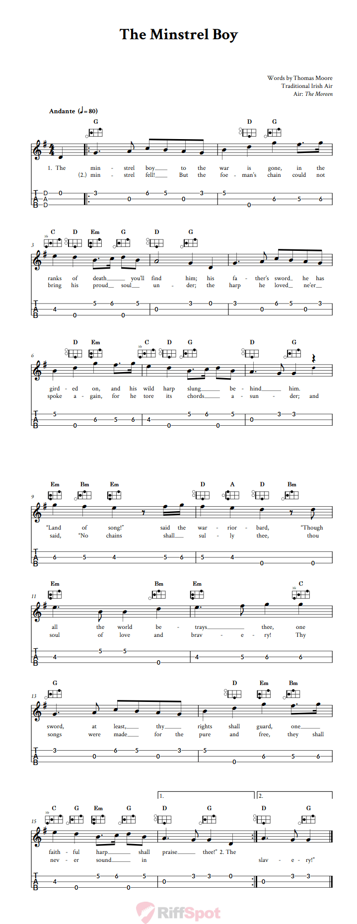 The Minstrel Boy Easy Mountain Dulcimer Tab (DAD Tuning)