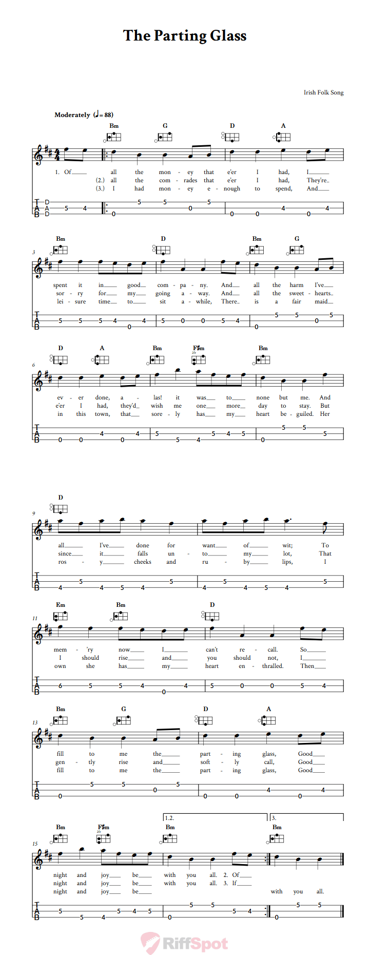 The Parting Glass Easy Mountain Dulcimer Tab (DAD Tuning)