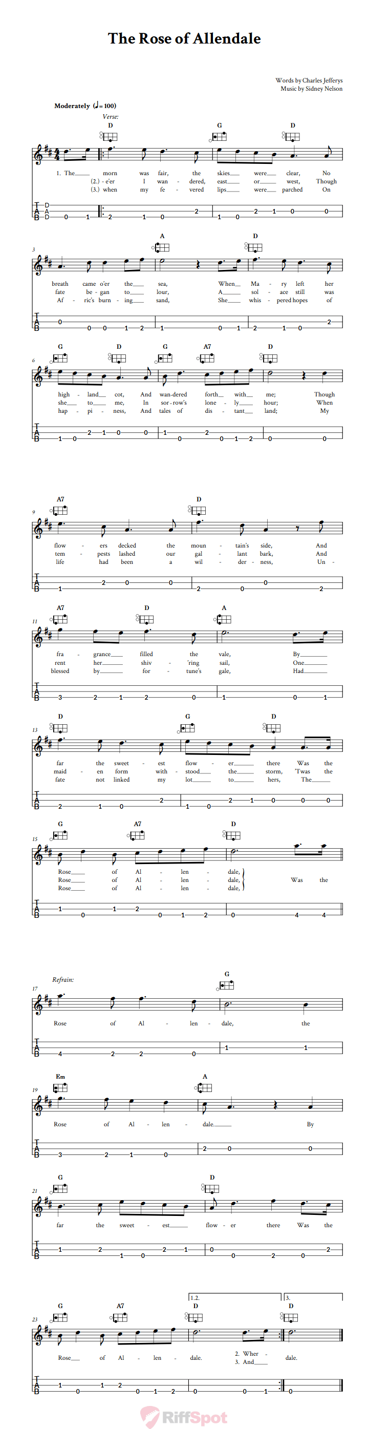 The Rose of Allendale Easy Mountain Dulcimer Tab (DAD Tuning)